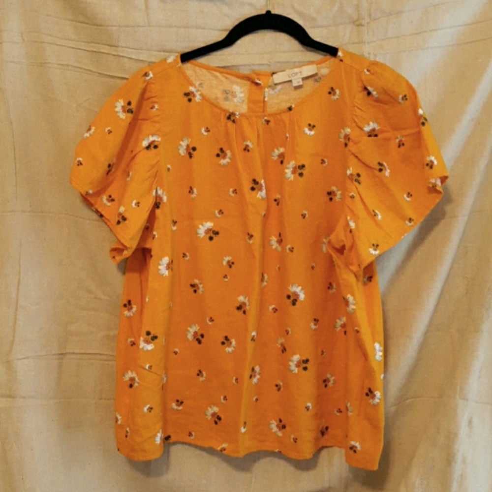 LOFT Mustard Floral Flutter Sleeve Blouse